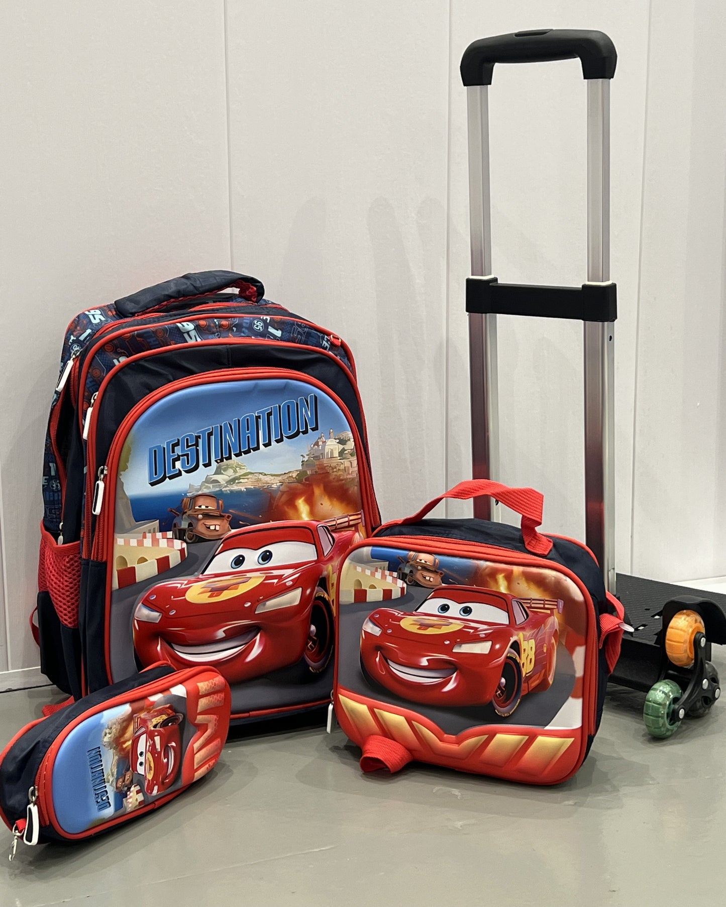 3-in-1 Detachable Trolley Schoolbag Set for Kids – Rolling Backpack with Lunch Bag & Pencil Case - 25-16211-2 Cars