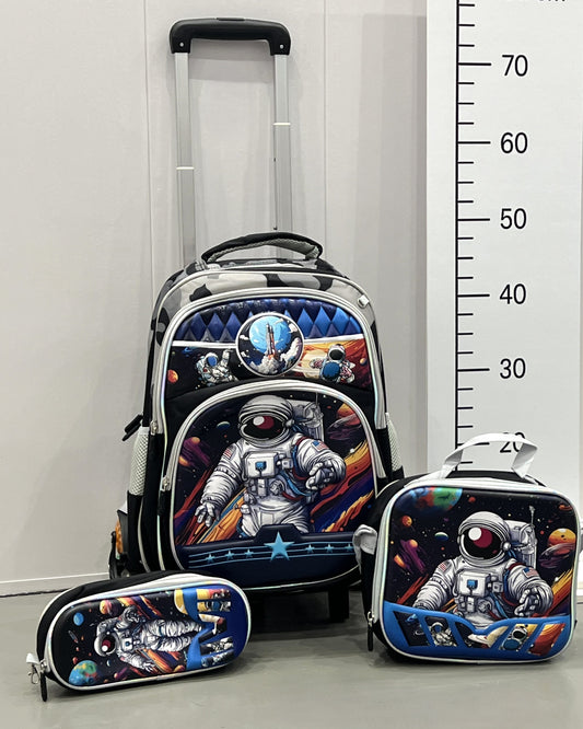 3-in-1 Detachable Trolley Schoolbag Set for Kids – Rolling Backpack with Lunch Bag & Pencil Case - 25-16222-12 Space Adventure