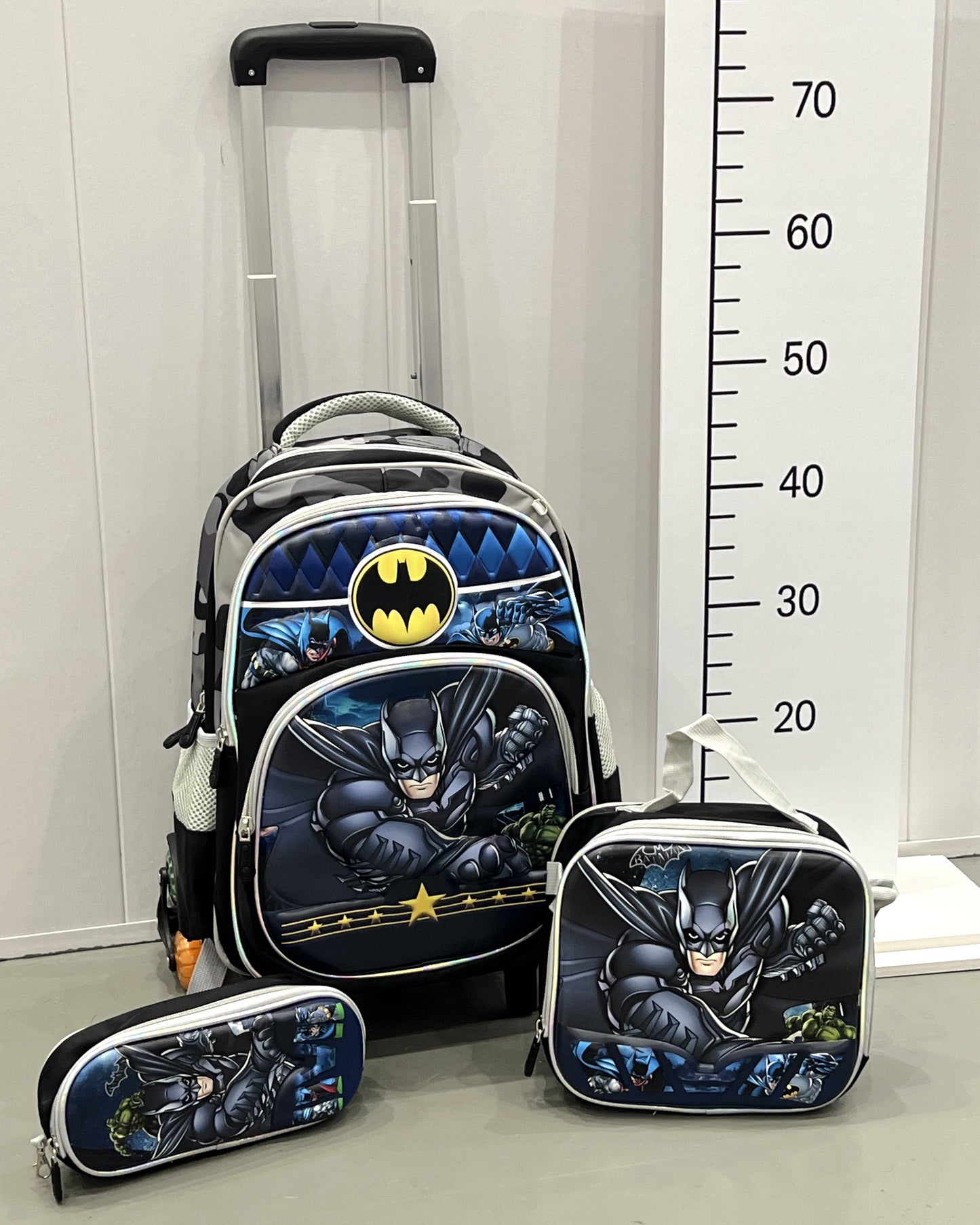 3-in-1 Detachable Trolley Schoolbag Set for Kids – Rolling Backpack with Lunch Bag & Pencil Case - 25-16222-5 Bat