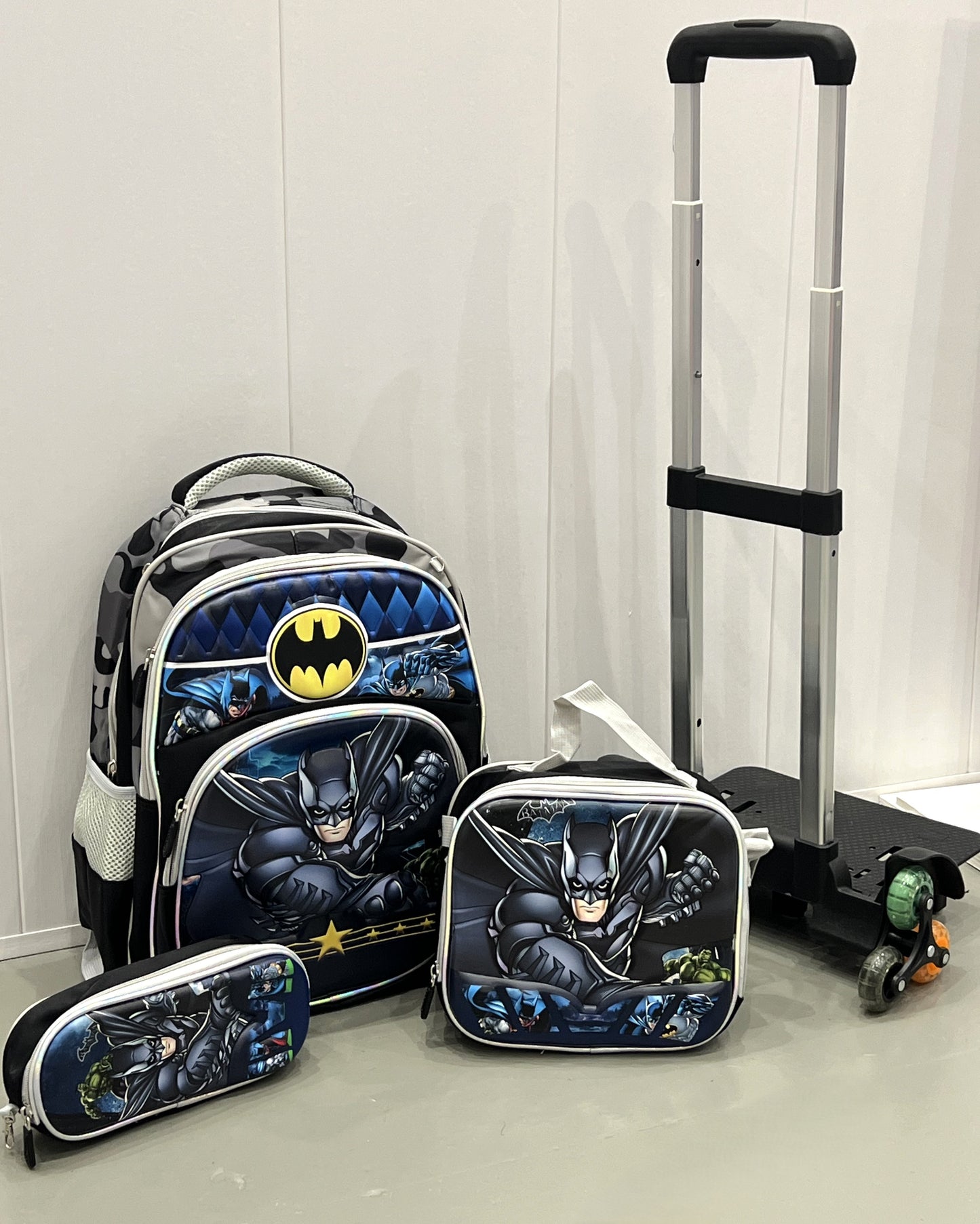 3-in-1 Detachable Trolley Schoolbag Set for Kids – Rolling Backpack with Lunch Bag & Pencil Case - 25-16222-5 Bat