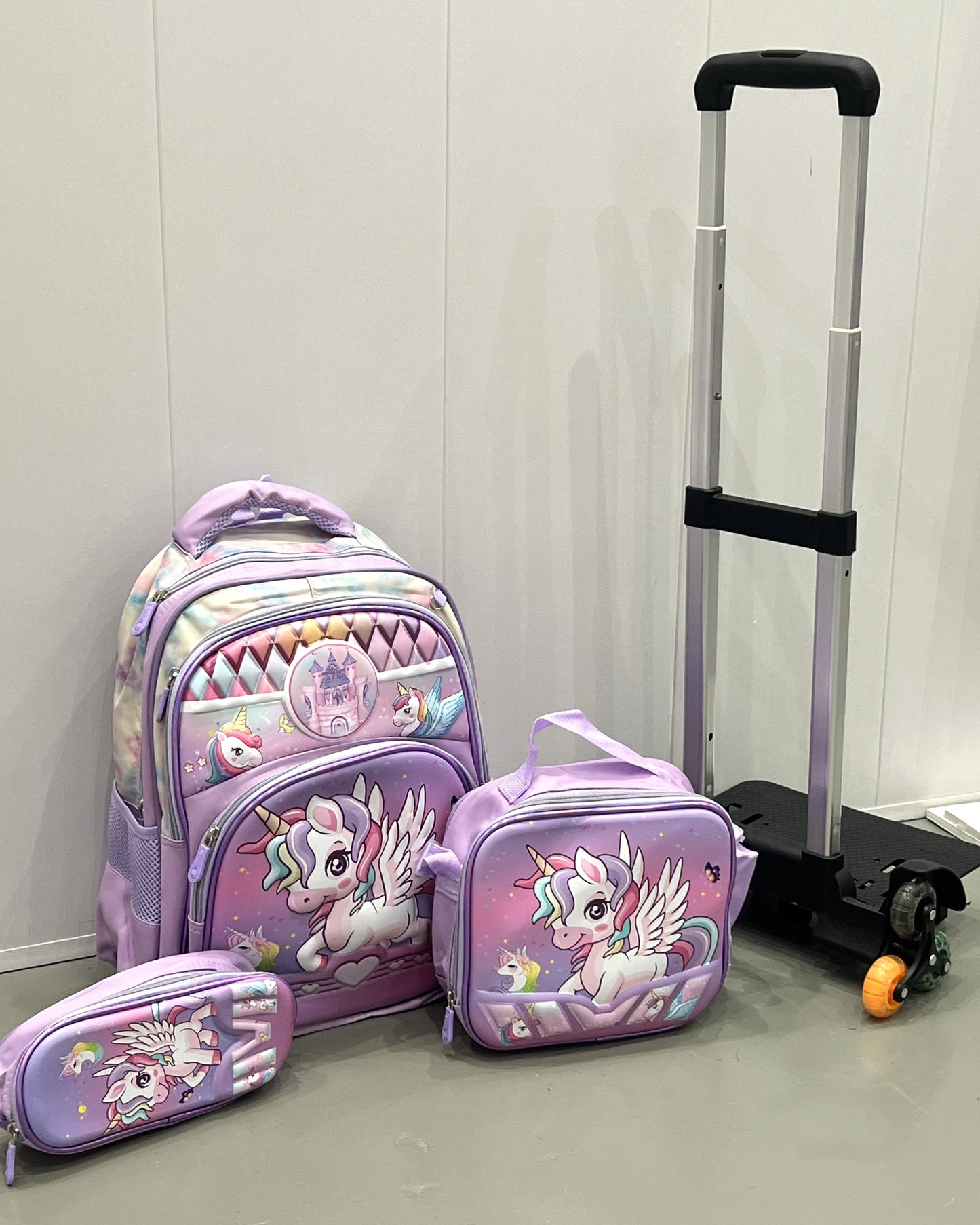 3-in-1 Detachable Trolley Schoolbag Set for Kids – Rolling Backpack with Lunch Bag & Pencil Case - 25-16222-9 Unicorn
