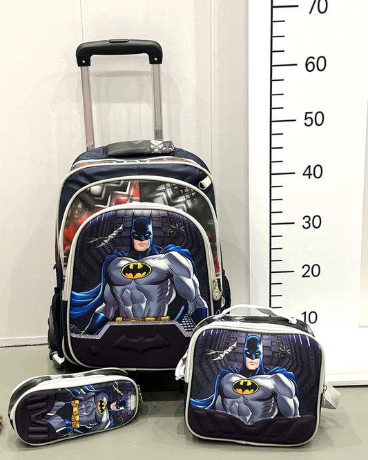 3-in-1 Detachable Trolley Schoolbag Set for Kids – Rolling Backpack with Lunch Bag & Pencil Case - 25-JZ2003-4 Bat