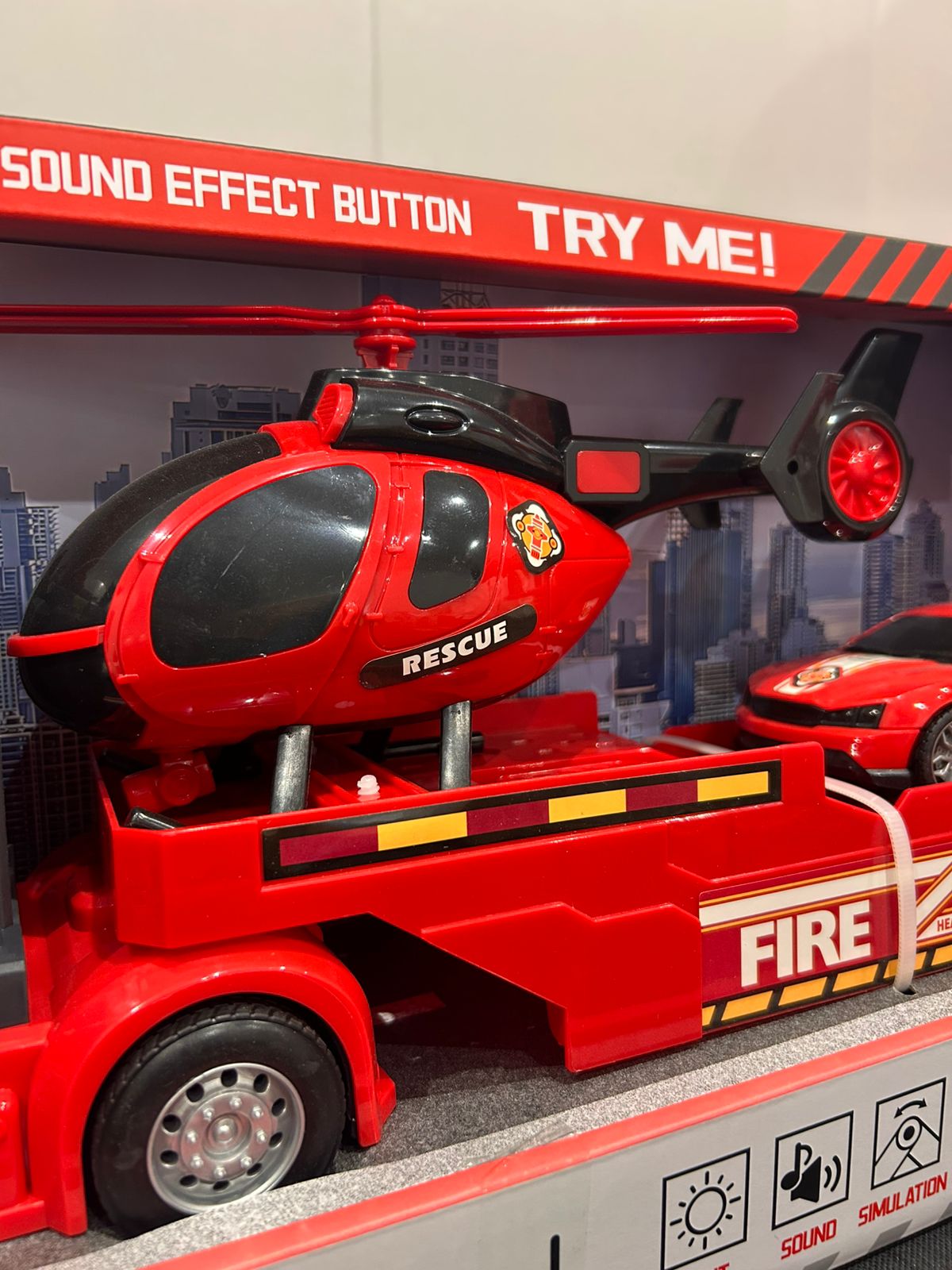 60cm XL Fire Flatbed Transporter Toy Set – Truck, Helicopter & Car (with Lights & Sounds) | C607704 | CityGo