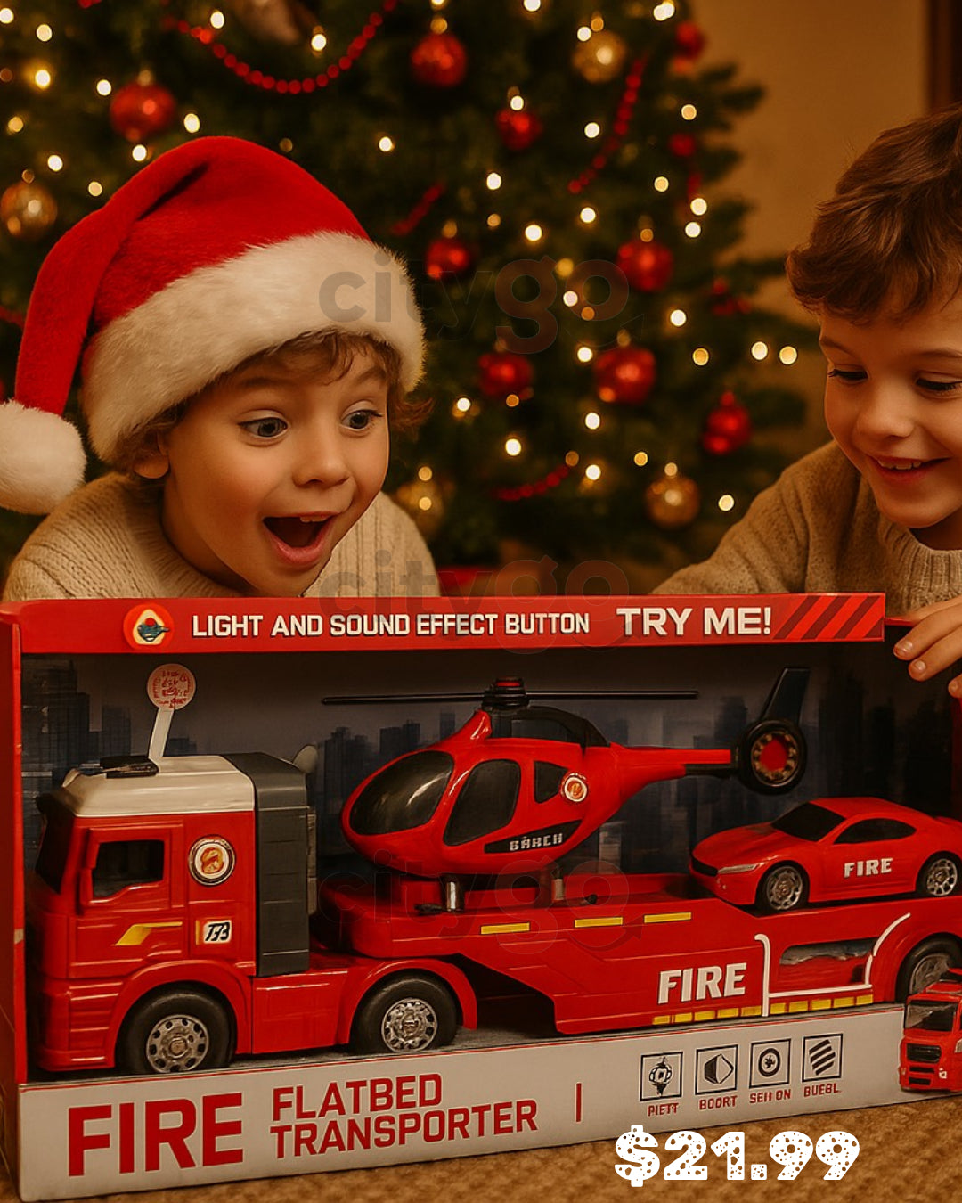 60cm XL Fire Flatbed Transporter Toy Set – Truck, Helicopter & Car (with Lights & Sounds) | C607704 | CityGo