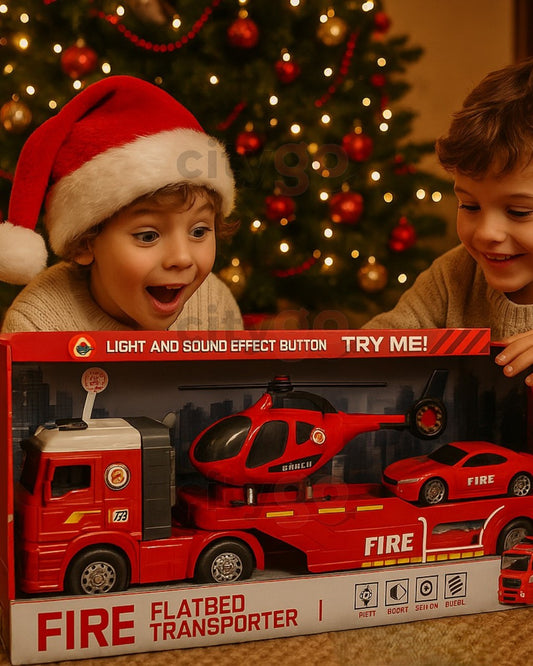 60cm XL Fire Flatbed Transporter Toy Set – Truck, Helicopter & Car (with Lights & Sounds) | C607704 | CityGo