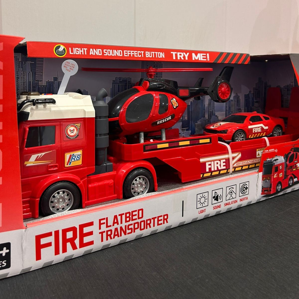 60cm XL Fire Flatbed Transporter Toy Set – Truck, Helicopter & Car (with Lights & Sounds) | C607704 | CityGo
