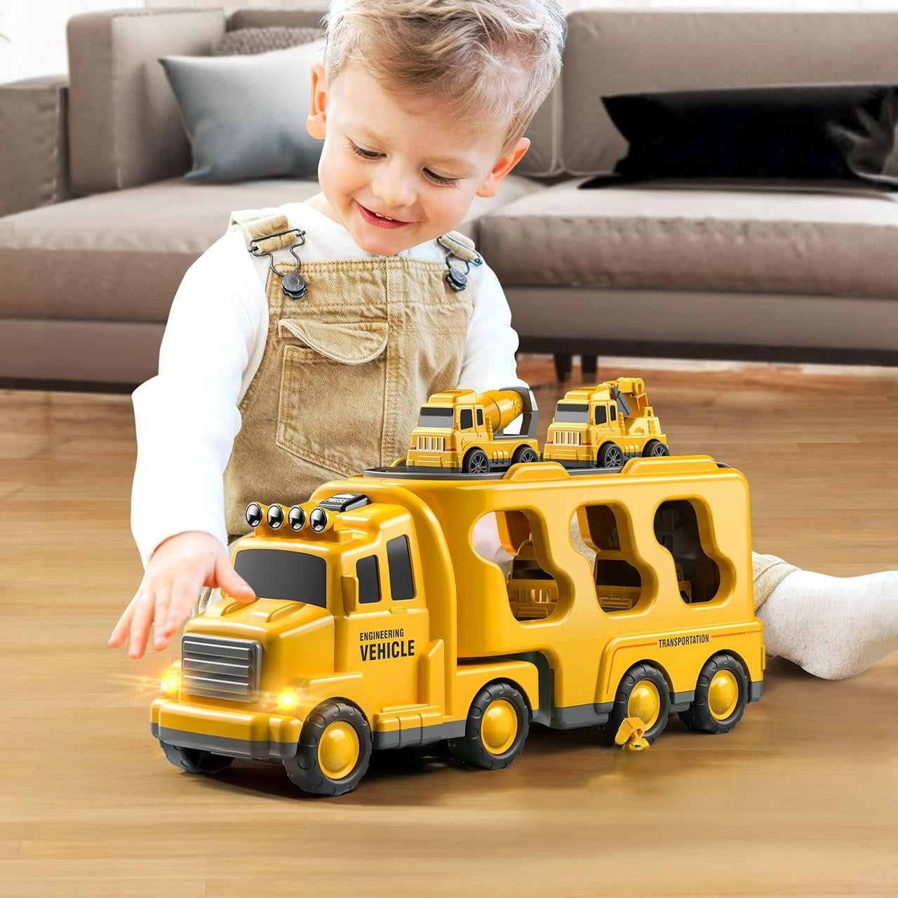 construction carrier truck with 4 mini vehicles music and lights