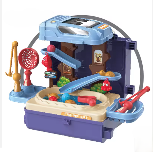 portable bus case that opens into fishing table for kids