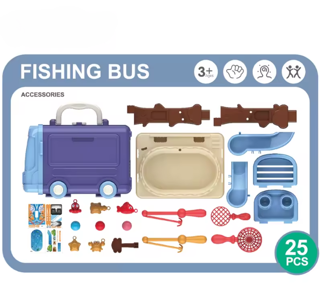 portable bus case that opens into fishing table for kids