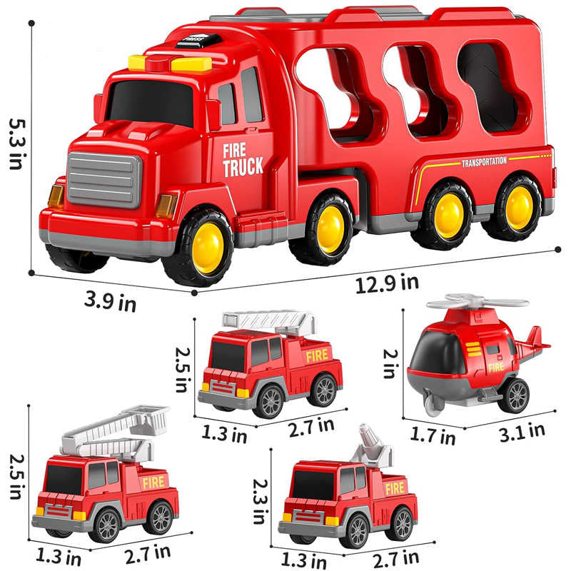 fire truck carrier with 3 mini engines and helicopter