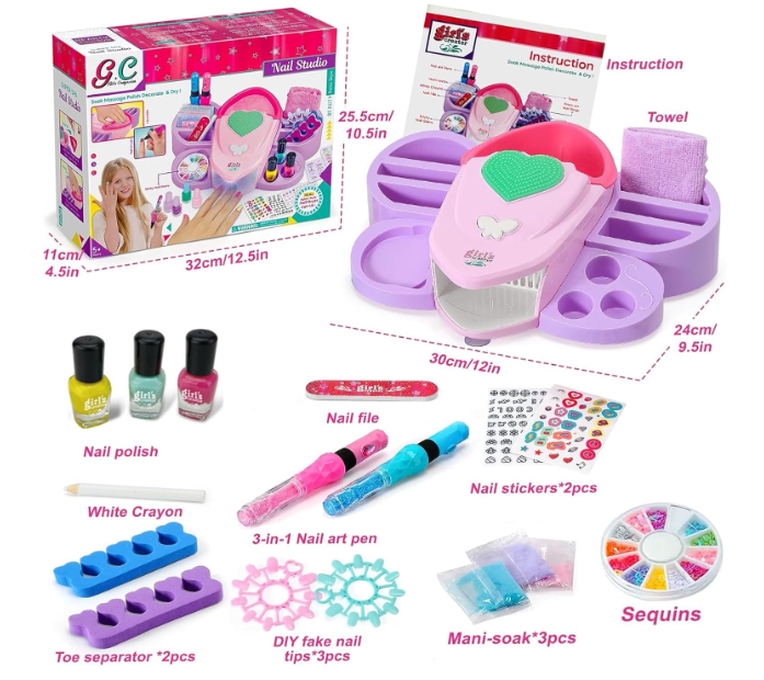 kids nail art studio with air dry machine and polishes
