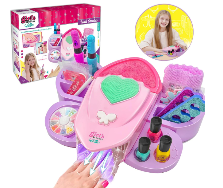 kids nail art studio with air dry machine and polishes