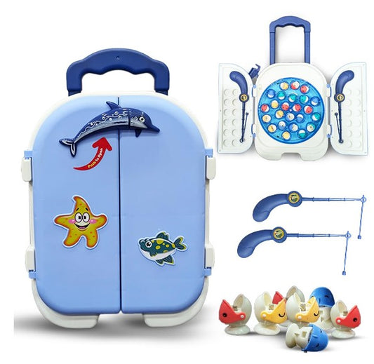 portable magnetic fishing game blue carry case for kids