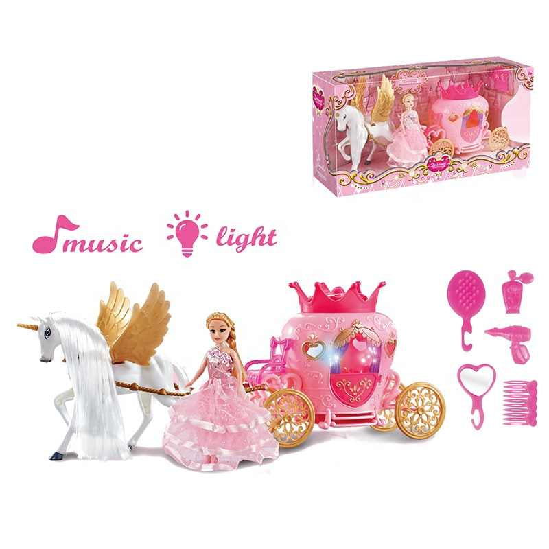 Princess carriage and doll toy with horse, music and lights for kids 3 plus