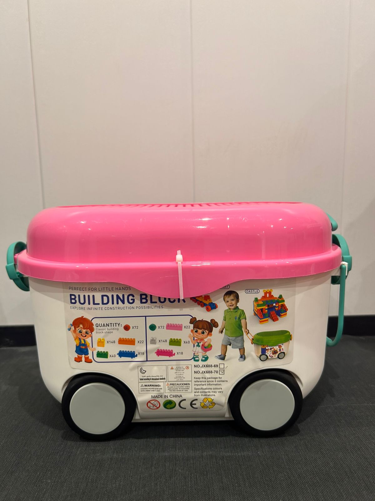 pink rolling building blocks bin with 300 large bricks