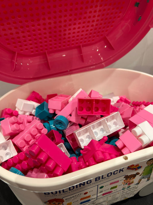 pink rolling building blocks bin with 300 large bricks